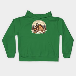 a warm and inviting cabin surrounded by a snowy landscape. and there's elements like a crackling fireplace, decorated Christmas tree, and a family or group of friends enjoying the holiday season inside. Kids Hoodie